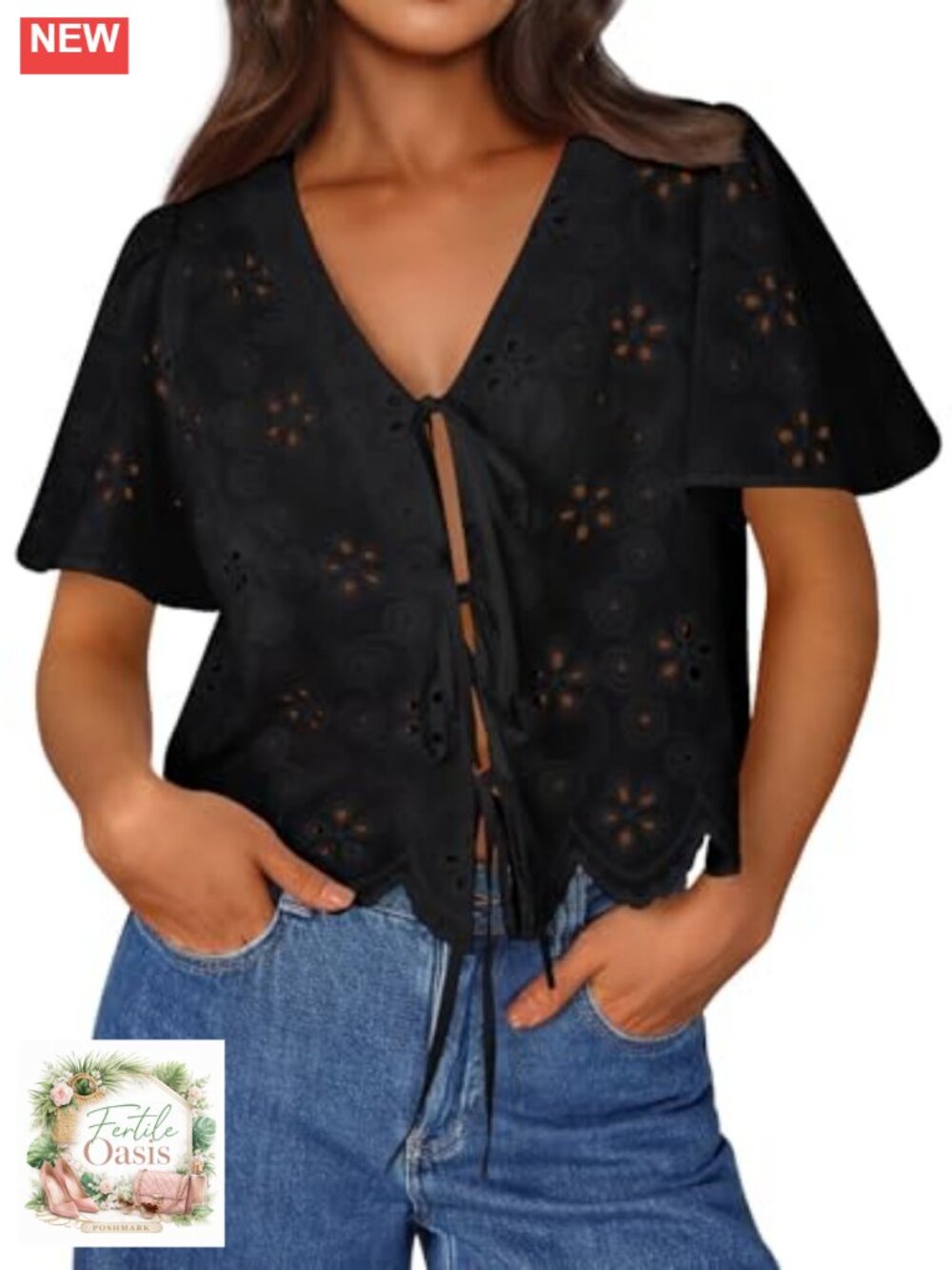 Trendy Queen Women's Cotton Tie Front Eyelet Blouse Short Sleeve Boho Crop Top